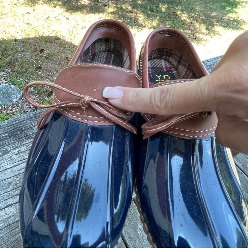 Yoki Women's Glossy Blue and Brown Rain Duck Shoes - Picture 2 of 9